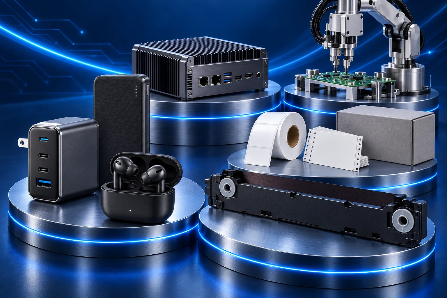 Electronics and industrial portfolio: mobile power, earbuds, AI computer, robotic PCB assembly, print media, ribbon cassette and OEM packaging on blue-lit metallic platforms