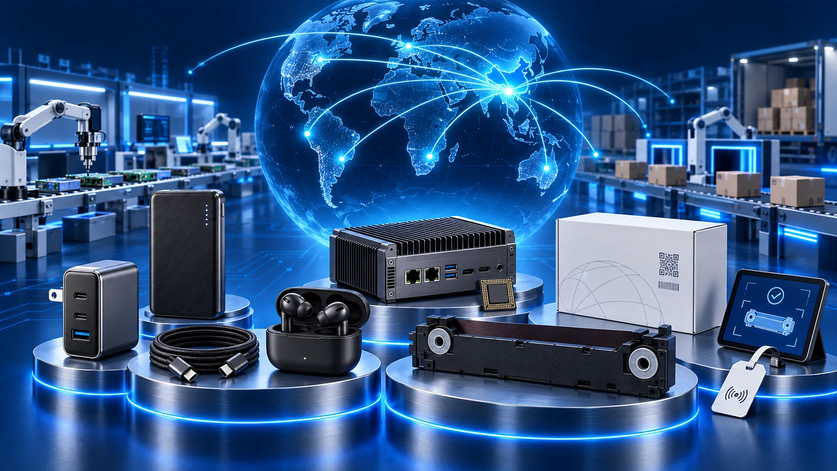 Global supply visualization: a cyan globe above electronics, mobile power, AI hardware, industrial ribbon and an RFID tag, with packaging and inspection stations