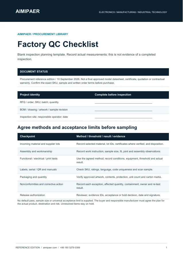 First page of Factory QC Checklist PDF