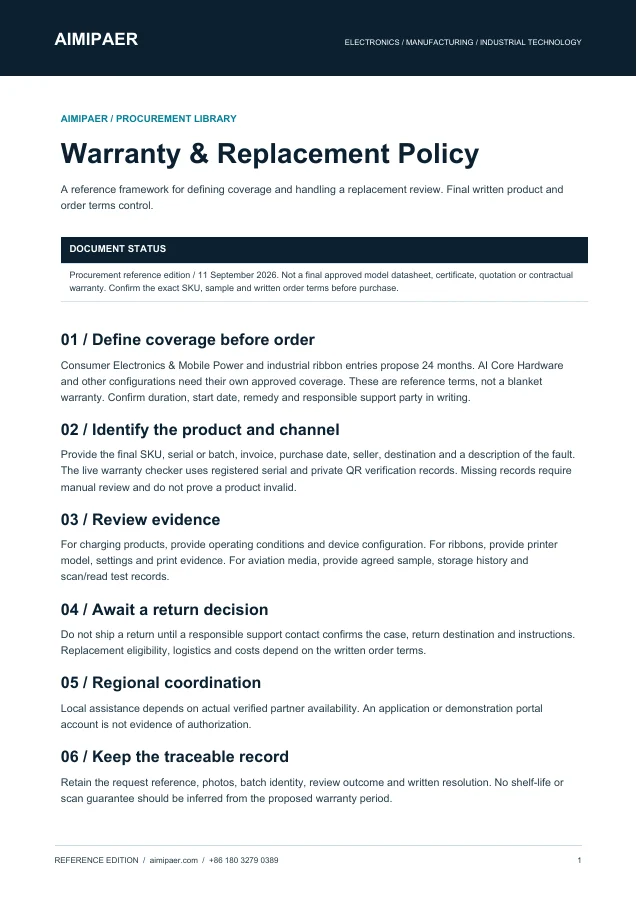 First page of Warranty & Replacement Policy